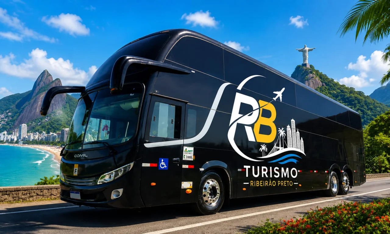 Ônibus de luxo RB Turismo diante dos cartões-postais do Rio de Janeiro